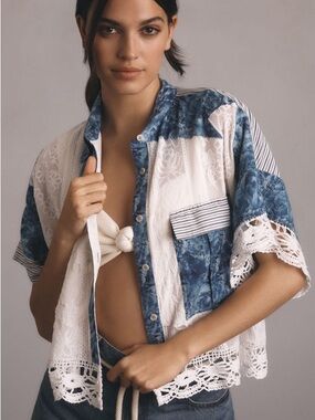 Anthropologie Blue and Cream Lace Patchwork Button-Up Shirt